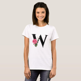 Monogram Initiaal Letter W in zwart met roze roos T-shirt