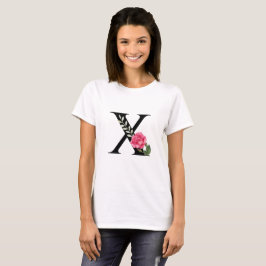 Monogram Initiaal Letter X in Zwart met Roze Roos T-shirt