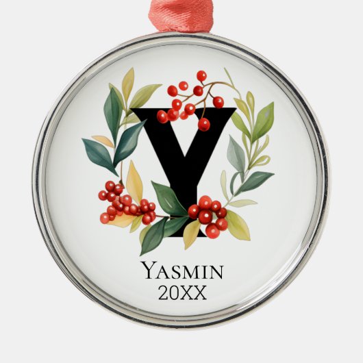 Monogram Initiaal Letter Y Beskrans Kerstmis Metalen Ornament (Voorkant)