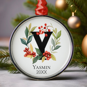 Monogram Initiaal Letter Y Beskrans Kerstmis Metalen Ornament