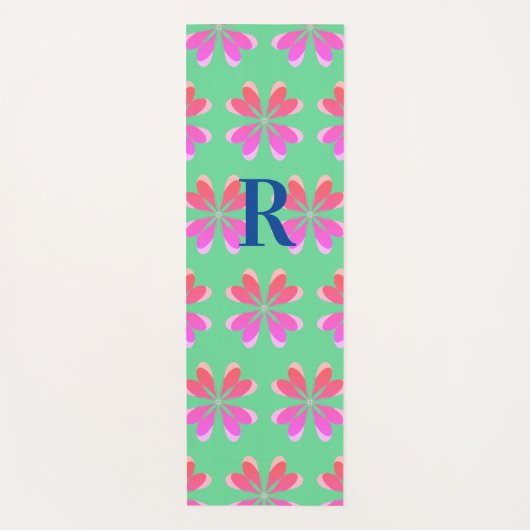 Monogram Initiaal Lime Green Pink Retro Floral Yogamat (Voorkant)