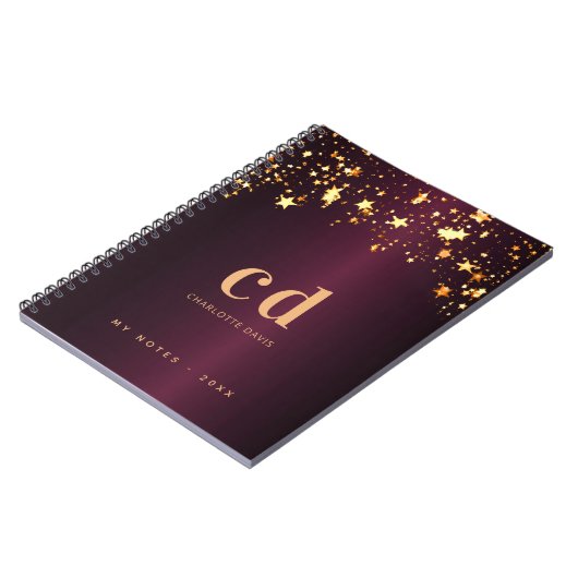 Monogram initiaal luxe gouden sterren in Bourgogne Notitieboek (Linkerzijde)