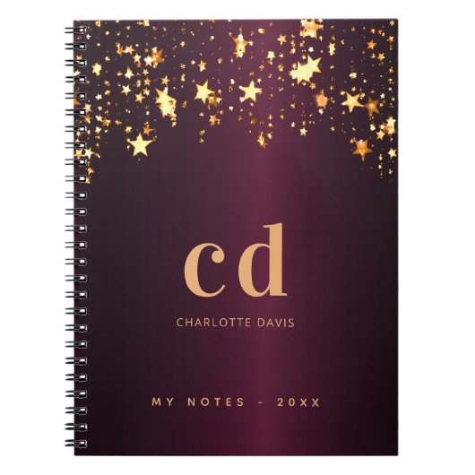 Monogram initiaal luxe gouden sterren in Bourgogne Notitieboek (Voorkant)