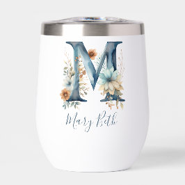 Monogram Initiaal M Blauw Bloemrijk Aquarel Cadeau