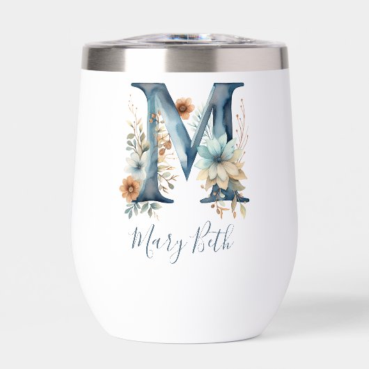 Monogram Initiaal M Blauw Bloemrijk Aquarel Cadeau (Voorkant)