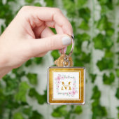 Monogram Initiaal "M" Bloem - Roze Rozen & Goud Sleutelhanger (Hand)