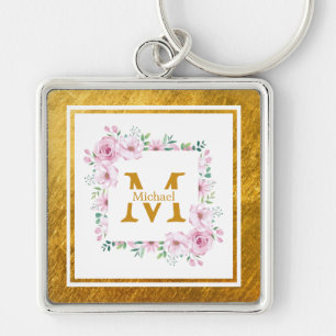 Monogram Initiaal "M" Bloem - Roze Rozen & Goud Sleutelhanger