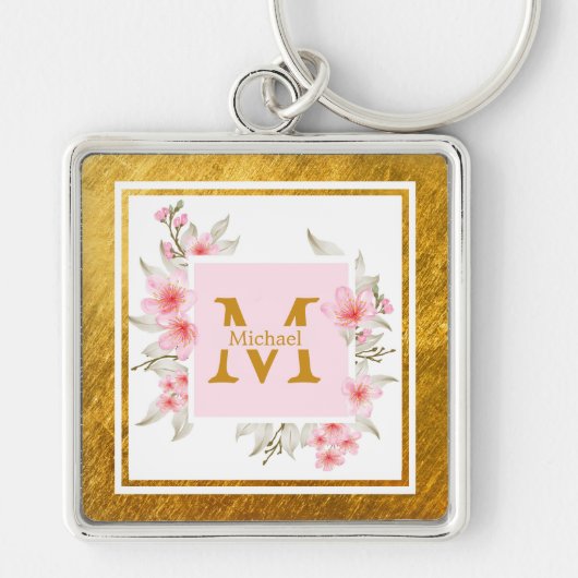 Monogram Initiaal "M" Bloem - Roze Rozen & Goud Sleutelhanger (Voorkant)