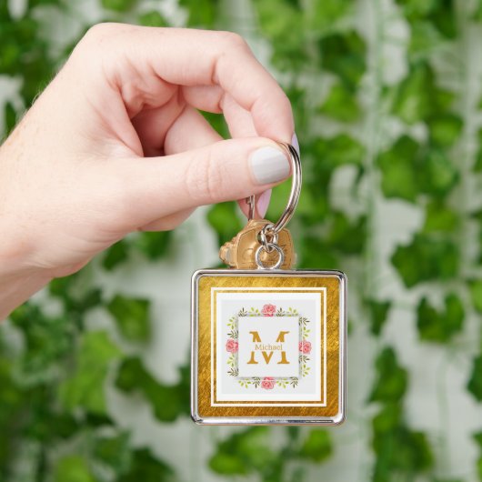 Monogram Initiaal "M" Bloem - Roze Rozen & Goud Sleutelhanger (Hand)