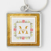 Monogram Initiaal "M" Bloem - Roze Rozen & Goud Sleutelhanger (Voorkant)