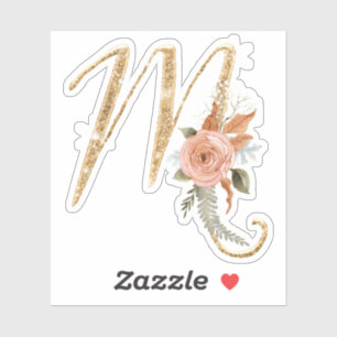Monogram Initiaal M Goud Glitter Pioen Roos Bloeme Sticker