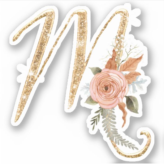 Monogram Initiaal M Goud Glitter Pioen Roos Bloeme Sticker (Voorkant)