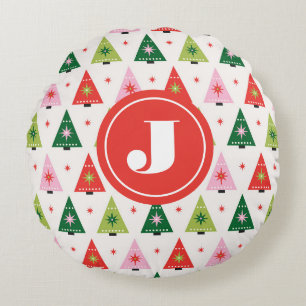 Monogram Initiaal Merry & Mod Retro Kerstboom Rond Kussen