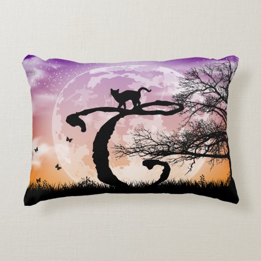 Monogram Initiaal met volledig maan- en kattenkat- Accent Kussen (Voorkant)