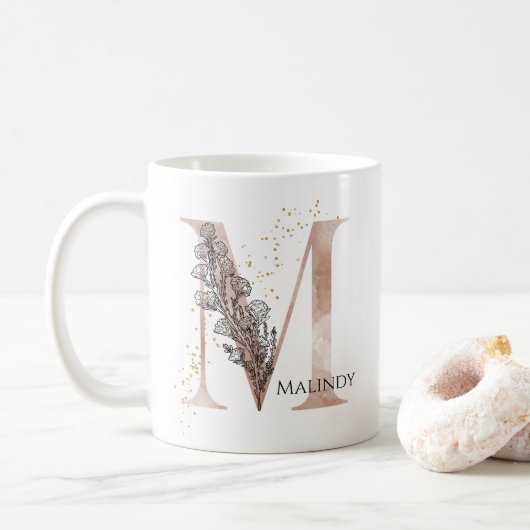 Monogram Initiaal Modern Letter M Boho gepersonali Koffiemok (Met donut)