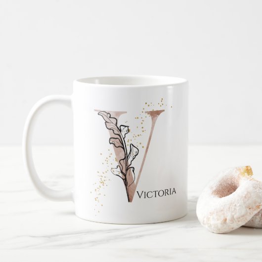Monogram Initiaal Modern Letter V Boho gepersonali Koffiemok (Met donut)