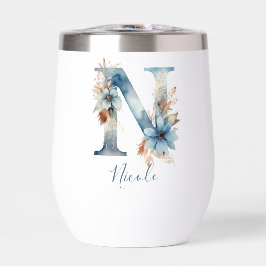 Monogram Initiaal N Blauw Bloemen Waterverf Gift H