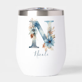 Monogram Initiaal N Blauwe Bloemrijke Waterverf Ca