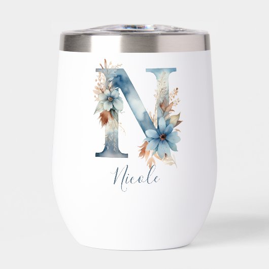 Monogram Initiaal N Blauwe Bloemrijke Waterverf Ca (Voorkant)