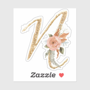 Monogram Initiaal N Goud Glitter Pioen Roos Bloeme Sticker