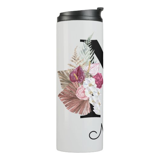 Monogram Initiaal N roze Boho Floral Thermosbeker (Gedraaid links)