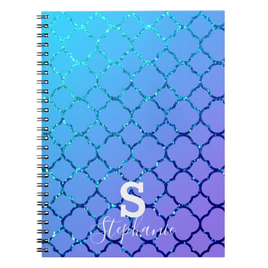 Monogram Initiaal Naam Blauw Glitter Quatrefoil Co Notitieboek (Voorkant)