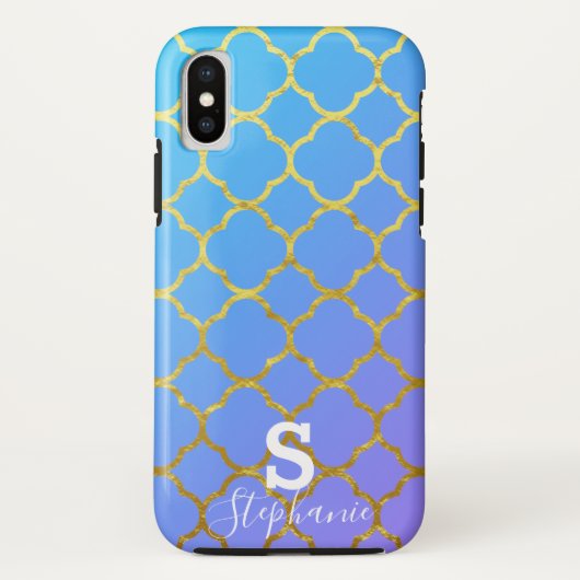 Monogram Initiaal naam Blauw Wit Gouden Folie Ombr Case-Mate iPhone Case (Achterkant)