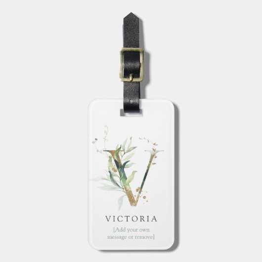 Monogram Initiaal Naam Botanische Chic Gold Letter Bagagelabel (Voorkant verticaal)