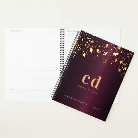 Monogram initiaal naam Bourgognige gouden sterren Planner (Display)