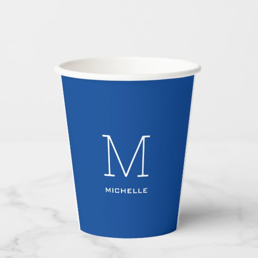 Monogram Initiaal naam Deep Blue Unique Minimalist Papieren Bekers (Voorkant)