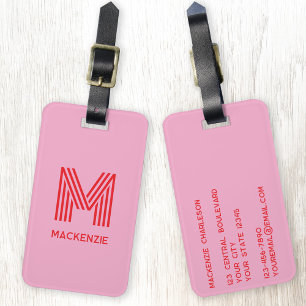 Monogram Initiaal Naam Eenvoudig Roze en Rood Bagagelabel