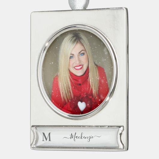 Monogram Initiaal Naam Foto personaliseren Verzilverd Banner Ornament (Links)
