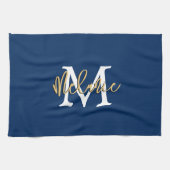 Monogram Initiaal Naam Manuscript Navy White Gold Theedoek (Horizontaal)