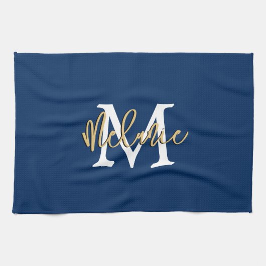 Monogram Initiaal Naam Manuscript Navy White Gold Theedoek (Horizontaal)