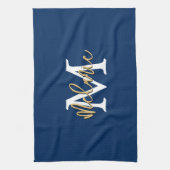 Monogram Initiaal Naam Manuscript Navy White Gold Theedoek (Verticaal)