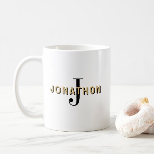 Monogram Initiaal Naam Masculine Tekst Zwart Gold Koffiemok (Met donut)