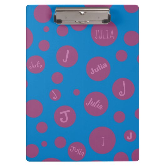 Monogram Initiaal Naam Paars Dot Blue Girly Klembord (Voorkant)