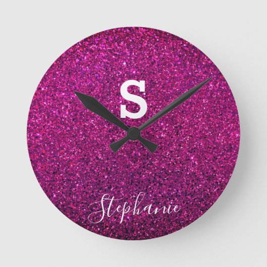 Monogram Initiaal Naam Paars Roze Glitter Modern Ronde Klok (Voorkant)