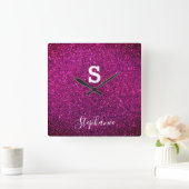 Monogram Initiaal Naam Paars Roze Glitter Trendy Vierkante Klok (Huis)