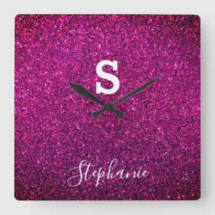 Monogram Initiaal Naam Paars Roze Glitter Trendy Vierkante Klok