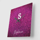 Monogram Initiaal Naam Paars Roze Glitter Trendy Vierkante Klok (Hoek)