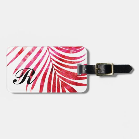 Monogram Initiaal Naam Palm Tree Leaf Pink Girly Bagagelabel (Voorkant horizontaal)