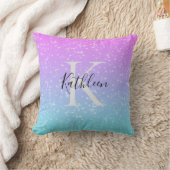 Monogram Initiaal Naam Roze Blauw Glitter Meisjesa Kussen (Deken)