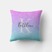 Monogram Initiaal Naam Roze Blauw Glitter Meisjesa Kussen (Achterkant)