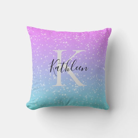 Monogram Initiaal Naam Roze Blauw Glitter Meisjesa Kussen (Voorkant)