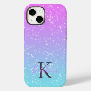 Monogram Initiaal Naam Roze Blauw Sparkle Ombre Case-Mate iPhone 14 Hoesje