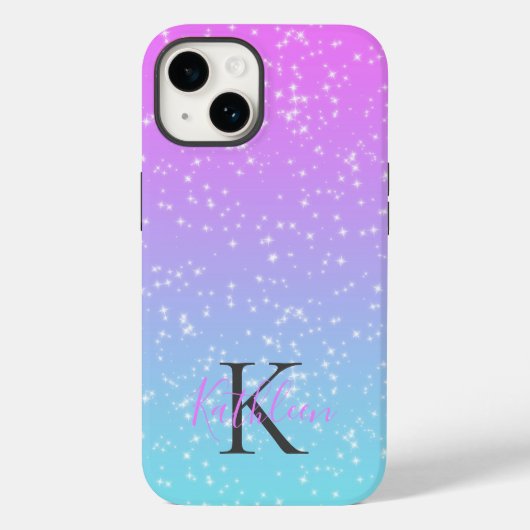 Monogram Initiaal Naam Roze Blauw Sparkle Ombre Case-Mate iPhone Case (Achterkant)