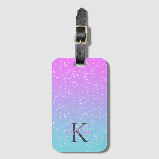 Monogram Initiaal Naam Roze Blauwe Glitter Ombre Bagagelabel (Voorkant (verticaal))