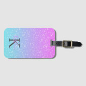 Monogram Initiaal Naam Roze Blauwe Glitter Ombre Bagagelabel (Voorkant (horizontaal))