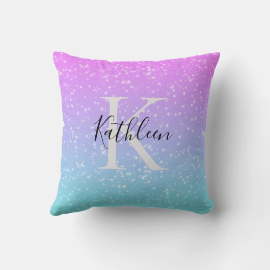 Monogram Initiaal Naam Roze Blauwe Sparkle Girly Kussen (Achterkant)